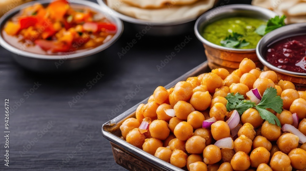 A street-side cart offering hot chana chaat, with chickpeas and tangy chutneys, chana chaat, Indian street food, tangy A street-side cart offering hot chana chaat, with chickpeas and tangy chutneys, chana chaat, Indian street food, tangy
