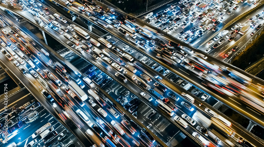 Aerial view of a congested multi-lane highway, showing a heavy traffic jam with vehicles bumper to bumper, highlighting urban congestion and travel delays Aerial view of a congested multi-lane highway, showing a heavy traffic jam with vehicles bumper to bumper, highlighting urban congestion and travel delays