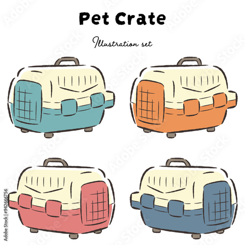 カラフルなペットクレートのイラストセット