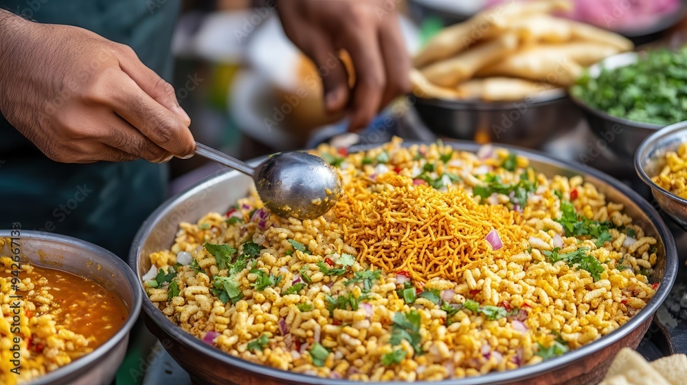 Obraz premium A vendor making bhel puri, with puffed rice, sev, and tangy tamarind sauce, bhel puri, Indian street food, Mumbai