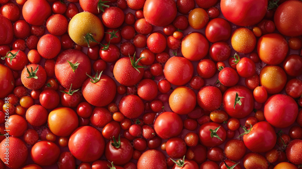 A background filled with ripe tomatoes of various sizes and shapes. A background filled with ripe tomatoes of various sizes and shapes.