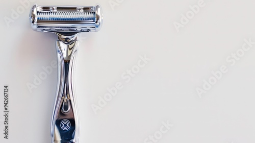 Close-up of a silver razor with five blades against a white background. photo