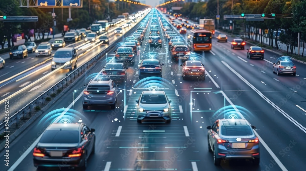 Autonomous vehicles on smart highways, depicting the future of transportation Autonomous vehicles on smart highways, depicting the future of transportation
