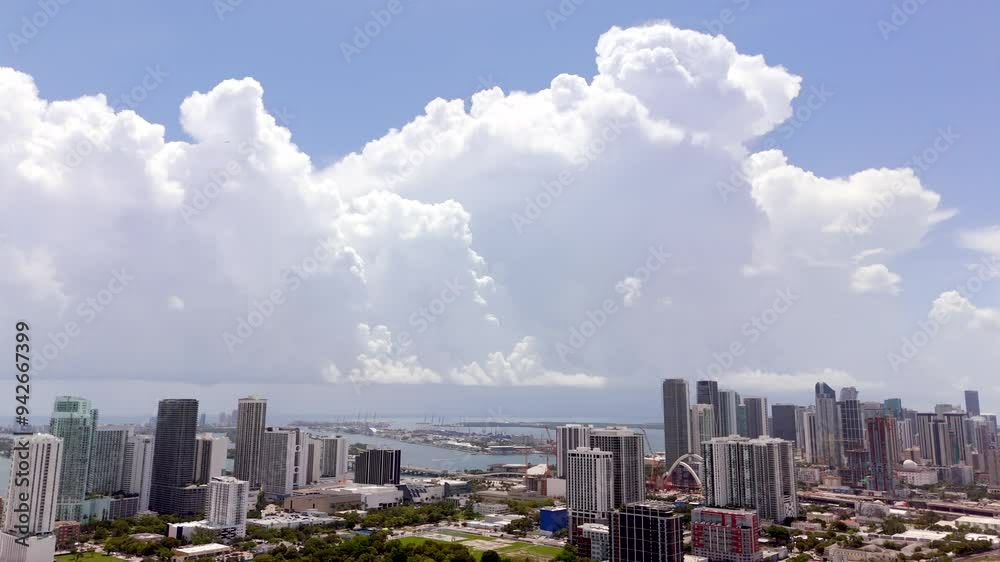 Miami hurricane storm clouds. Aerial 4k drone panorama video Miami hurricane storm clouds. Aerial 4k drone panorama video
