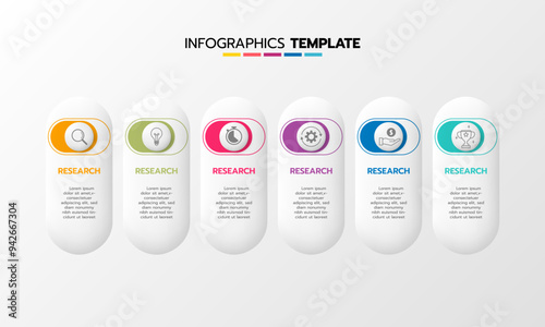 Business infographic template process with simple geometry square, rectangle, circle, triangle, curves in flat design template with thin line icons and 6 options or steps. Vector illustration.
