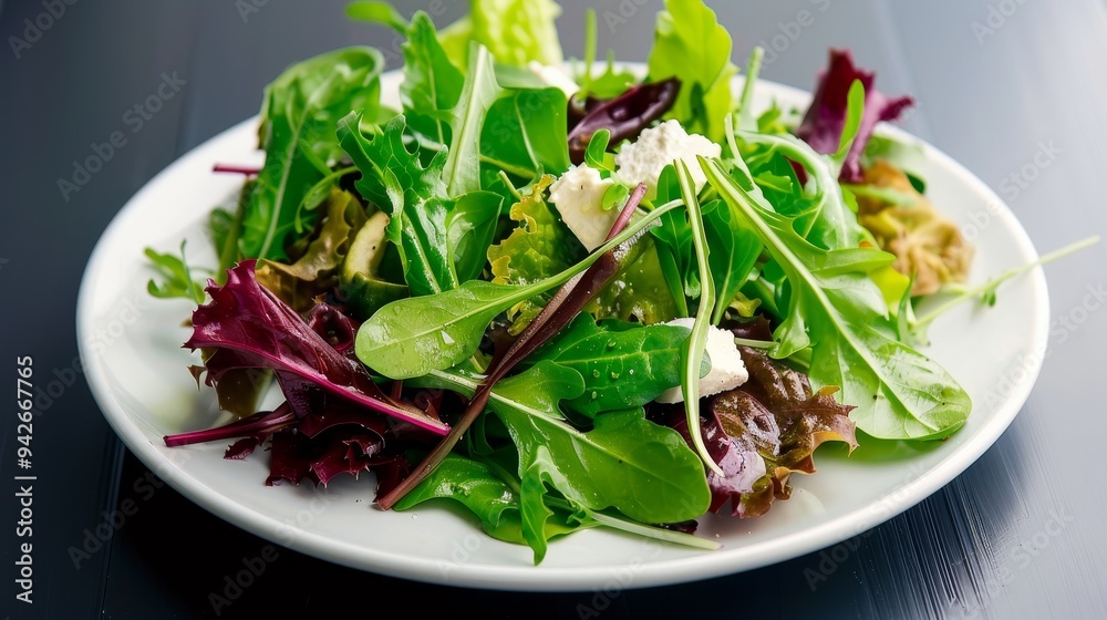 Fresh salad on white plate with vibrant colors, textures, deep depth of field, copy space, borders Fresh salad on white plate with vibrant colors, textures, deep depth of field, copy space, borders