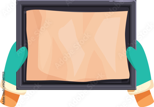 Hands in oven mitts holding empty baking pan with baking paper covering