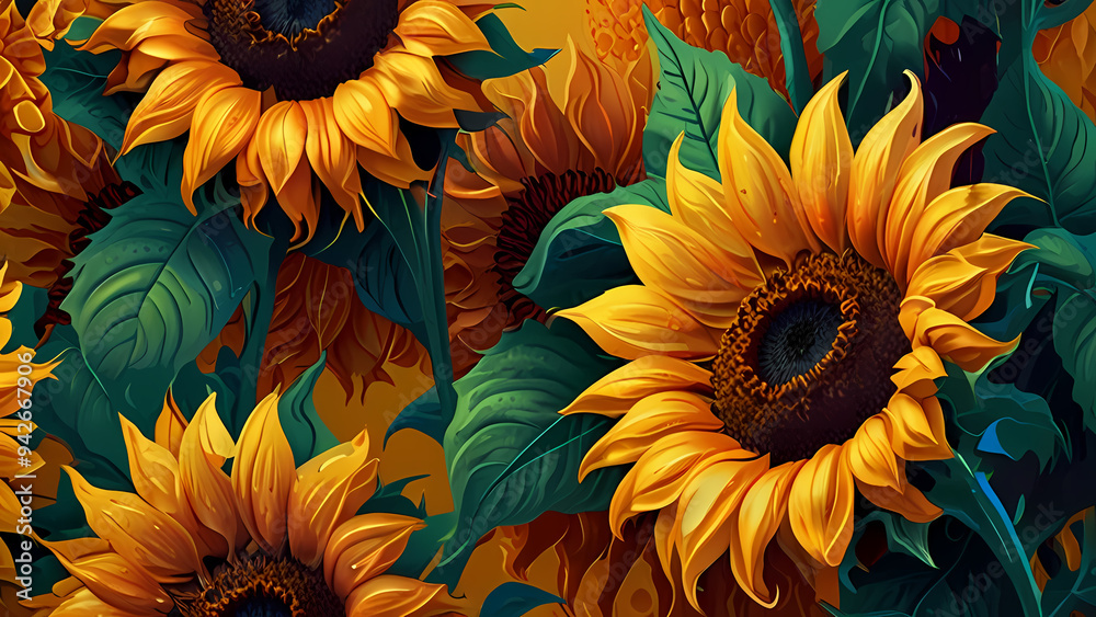 abstract illustration background featuring vibrant sunflowers in a swirling, impressionistic style abstract illustration background featuring vibrant sunflowers in a swirling, impressionistic style