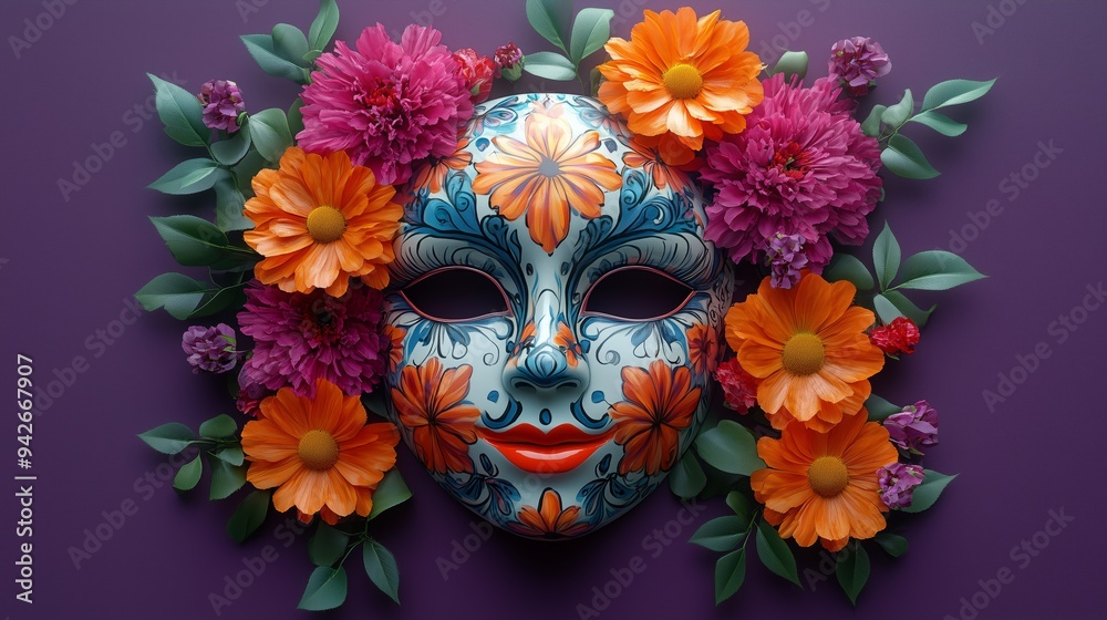 dia de los muertos festive Catrina mask with dahlias, roses and orange marigolds on a vibrant bold purple background dia de los muertos festive Catrina mask with dahlias, roses and orange marigolds on a vibrant bold purple background