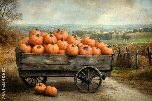 A wooden cart filled with pumpkins set against a rustic, countryside background.