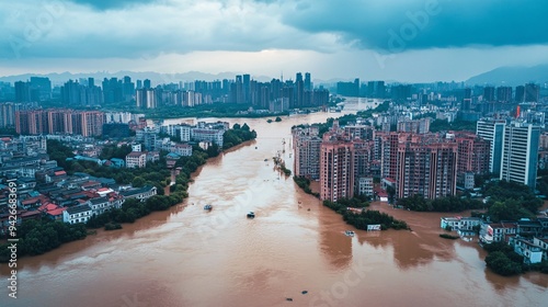 Flood disaster, river flooding in the Yangtze Basin, affected cities and countryside, high water levels and muddy conditions, cloudy and stormy weather #942668369