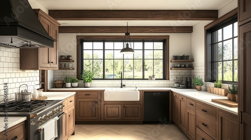 Watercolor rustic kitchen island with open shelving and warm wood tones.
