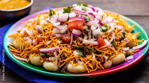 A colorful plate of sev puri, topped with onions, tomatoes, and chutneys, sev puri, Indian street food, chaat photo