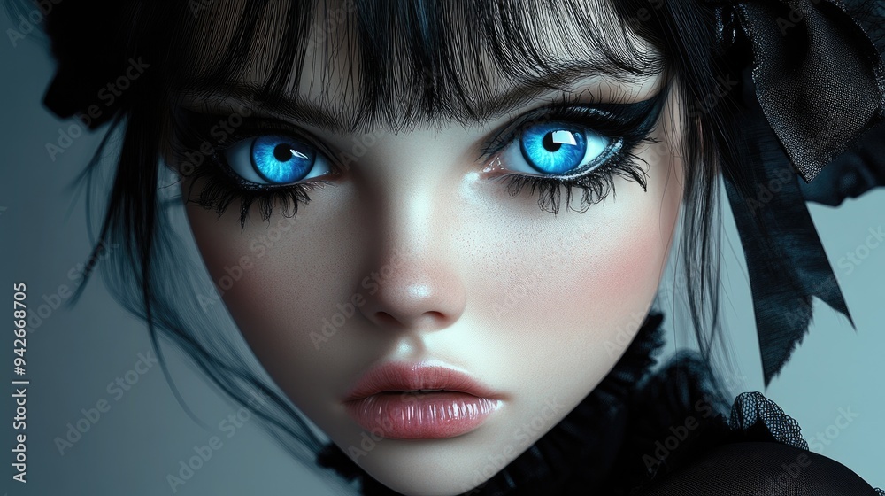 3D attractive female doll with large blue eyes and vibrant makeup Black pantyhose Retro Goth style High heels Dark bow tied hair Conceptual fashion art Alluring candid pose Rendered illustration 3D attractive female doll with large blue eyes and vibrant makeup Black pantyhose Retro Goth style High heels Dark bow tied hair Conceptual fashion art Alluring candid pose Rendered illustration