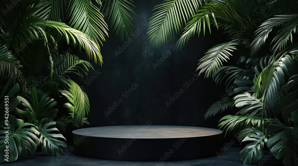 3D render of a podium display against a dark background featuring tropical palm leaves An abstract natural setting ideal for promoting products related to spa body care relaxation and wellness 3D render of a podium display against a dark background featuring tropical palm leaves An abstract natural setting ideal for promoting products related to spa body care relaxation and wellness