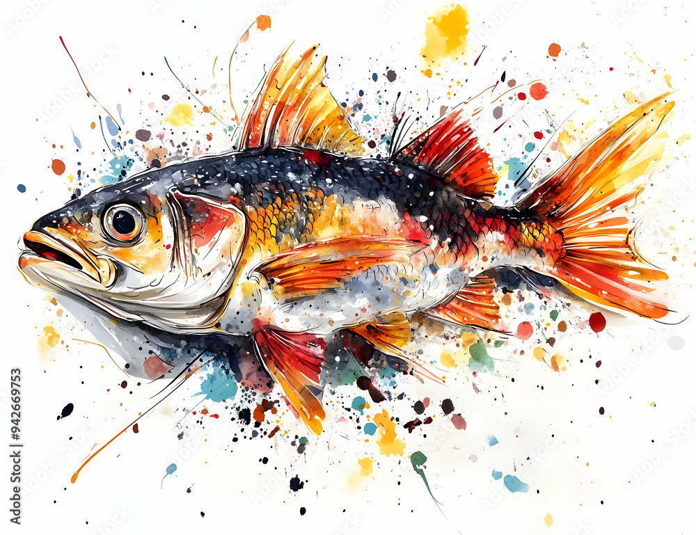 Vibrant watercolor illustration of a fish surrounded by colorful splashes, showcasing artistic details and bold hues. Vibrant watercolor illustration of a fish surrounded by colorful splashes, showcasing artistic details and bold hues.