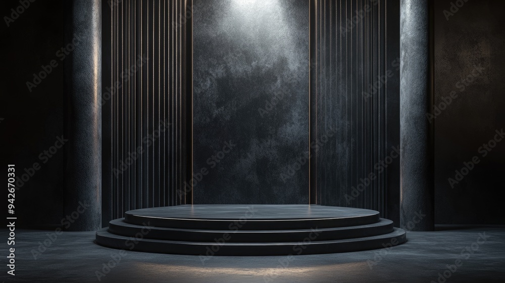 3D rendering of an awards podium designed in a sleek black aesthetic featuring a winner mock up 3D rendering of an awards podium designed in a sleek black aesthetic featuring a winner mock up