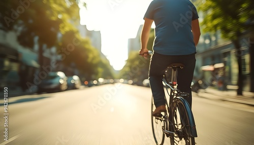 Close up rearview blur motion photography of a man riding his bicycle or bike on the city street at daytime in the sunny summer day. Defocused shot of a bicycle commuter traveling outdoors in a rush