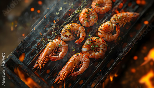 Grilled shrimp sizzling on a barbecue with herbs, showcasing a delicious seafood dish that promises mouthwatering flavor and texture.