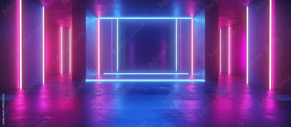 3D rendering of an abstract background featuring blue pink and violet neon colors illuminated by ultraviolet light showcasing an empty night club interior with a tunnel or corridor and glowing pane 3D rendering of an abstract background featuring blue pink and violet neon colors illuminated by ultraviolet light showcasing an empty night club interior with a tunnel or corridor and glowing pane