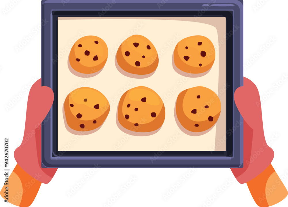 Baker is holding a baking sheet with freshly baked chocolate chip cookies, ready to be enjoyed Baker is holding a baking sheet with freshly baked chocolate chip cookies, ready to be enjoyed