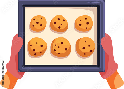 Baker is holding a baking sheet with freshly baked chocolate chip cookies, ready to be enjoyed