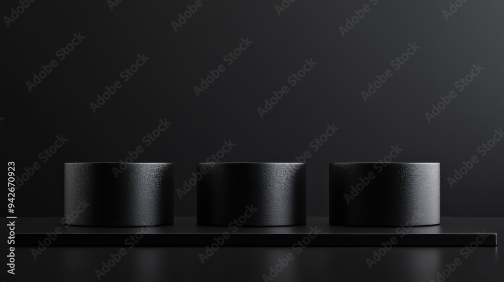Black podium or pedestal on a dark background featuring a cylindrical stand concept Empty product display shelf for showcasing items 3D rendering Black podium or pedestal on a dark background featuring a cylindrical stand concept Empty product display shelf for showcasing items 3D rendering