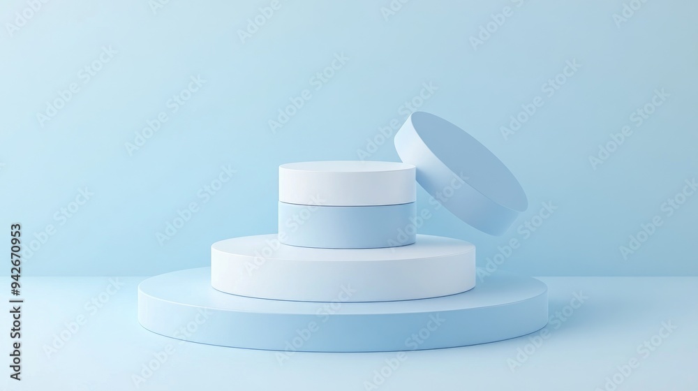 Cylindrical base in white and light blue against a light blue background featuring a loop for showcasing products beauty creams and advertisements in a 3D rendering Cylindrical base in white and light blue against a light blue background featuring a loop for showcasing products beauty creams and advertisements in a 3D rendering