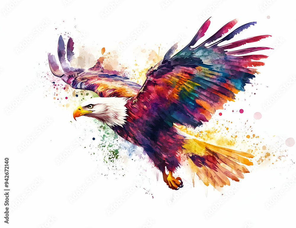 A vibrant watercolor painting of an eagle in flight, showcasing colorful feathers and dynamic movement against a splattered background. A vibrant watercolor painting of an eagle in flight, showcasing colorful feathers and dynamic movement against a splattered background.