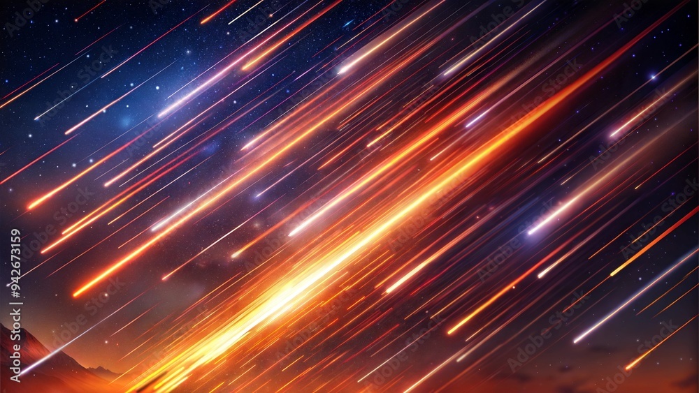 Meteor Shower Background with Streaks of Meteors Burning Across a Starry Sky, Dynamic and Energetic Meteor Shower Background with Streaks of Meteors Burning Across a Starry Sky, Dynamic and Energetic