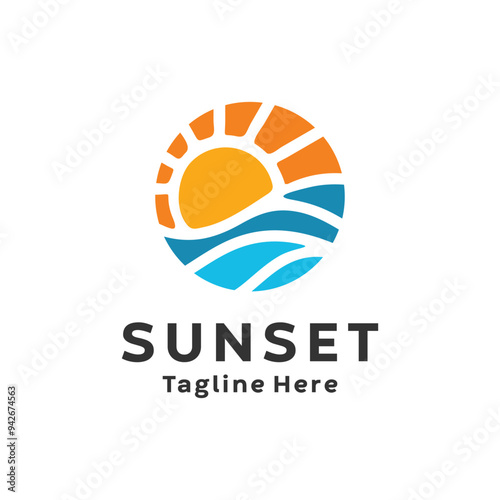 Sun sea wave logo sunset beach coast icon symbol vector, summer Wave sun Logo Sign Design Icon