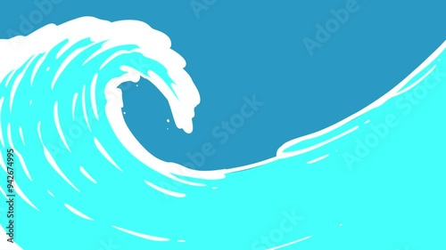 Ocean waves flow FX cartoon animation transition. Sea water wave on blue sky background.