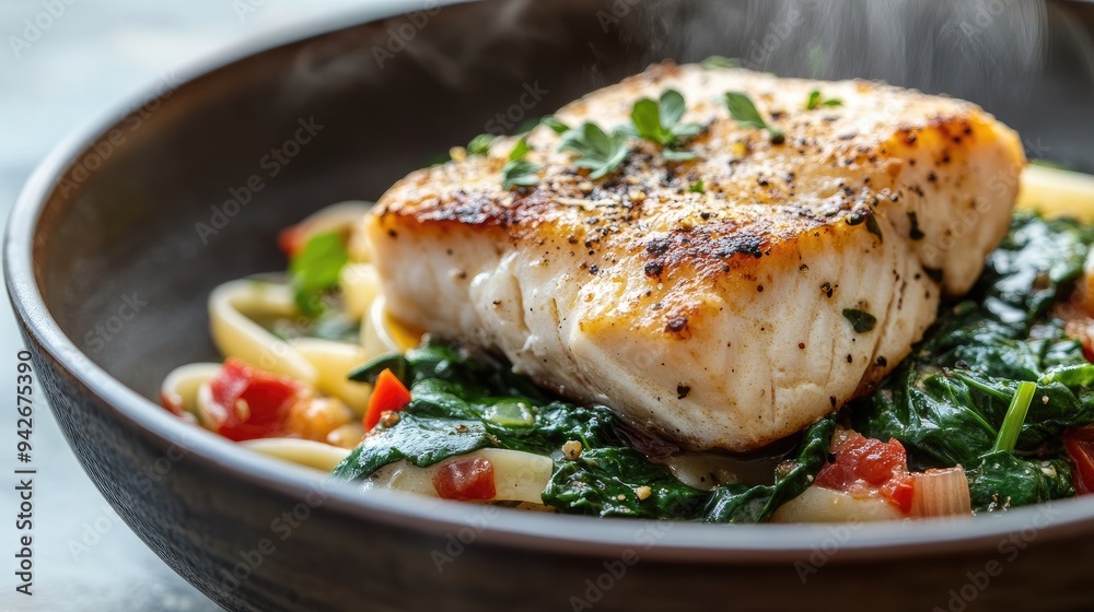Fish Minestrone Spinach Bowl Italian. Generative AI Fish Minestrone Spinach Bowl Italian. Generative AI