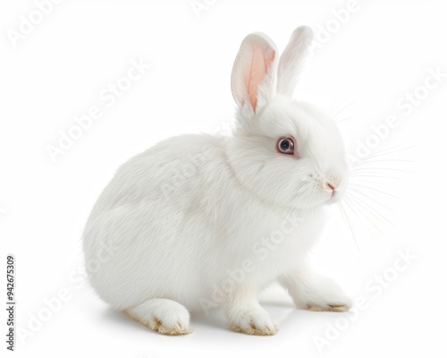 White Bunny. Isolated on White Background. Cute Pet Rabbit with Fluffy White Fur