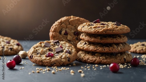 An assortment of freshly baked buckwheat cookies including chocolate chip oatmeal and cranberry flavors. photo