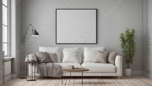 Minimalist Living Room with White Sofa and Empty Frame photo