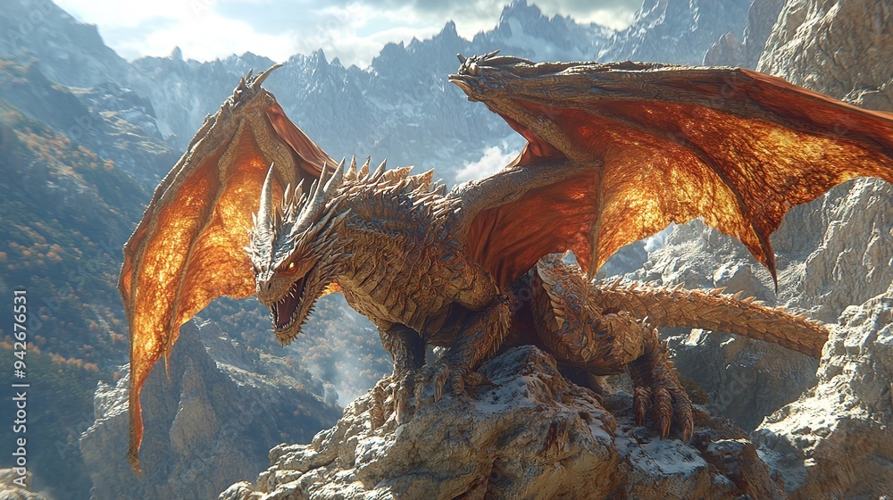 Obraz premium Portrait of fantasy white dragon on the top of the mountain