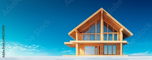 Modern wooden house with a sloped roof and large windows under a clear blue sky, perfect for serene living or vacation getaways.