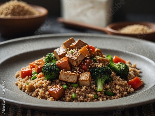 A savory buckwheat stirfry loaded with seasonal vegetables and sauteed tofu served over a bed of fluffy quinoa. photo