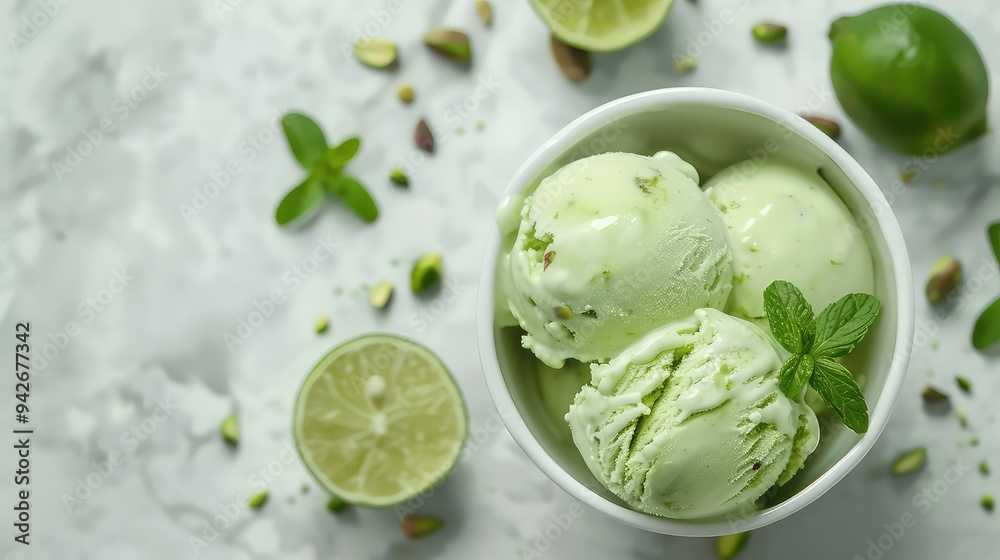 Close-up of green ice cream scoops with lime and pistachios in a bowl on a white background. Close-up of green ice cream scoops with lime and pistachios in a bowl on a white background.