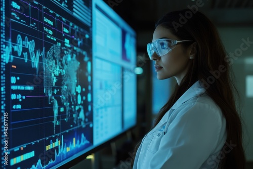 Female Data Scientist Analyzing Information on Large Digital Screen 