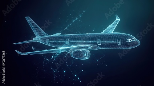 Airplane in Hologram Wireframe Style. Nice 3D rendering 
