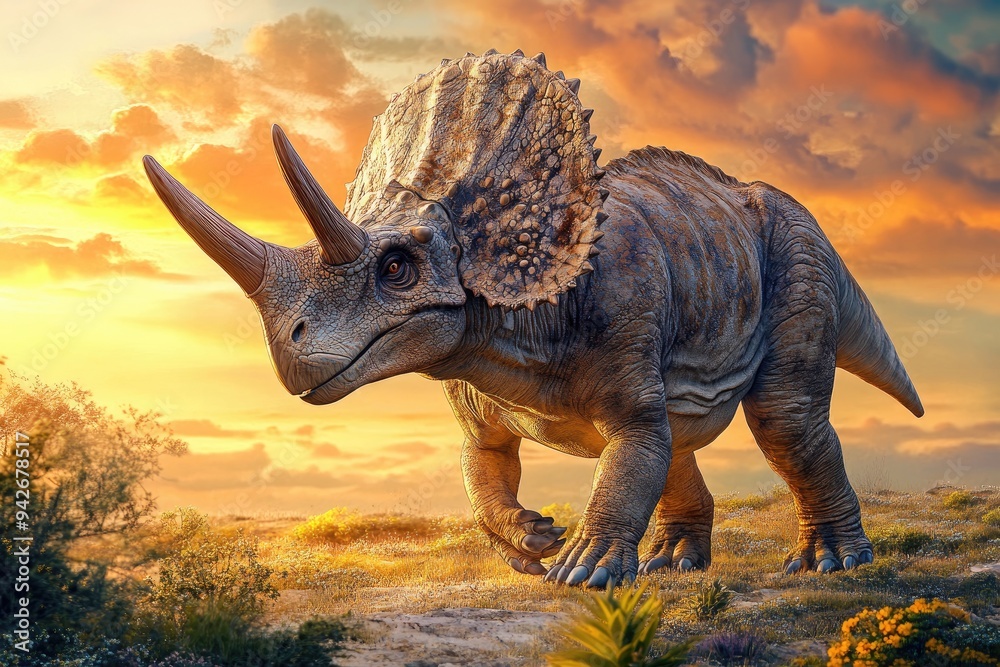 Fototapeta premium A Triceratops Dinosaur Walking Through a Sunset Landscape