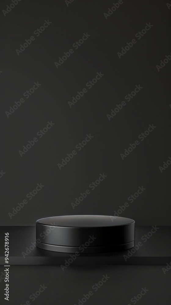 High-resolution minimalist black background with simple round pedestal in dark gray color for product display, styled for showcasing products.