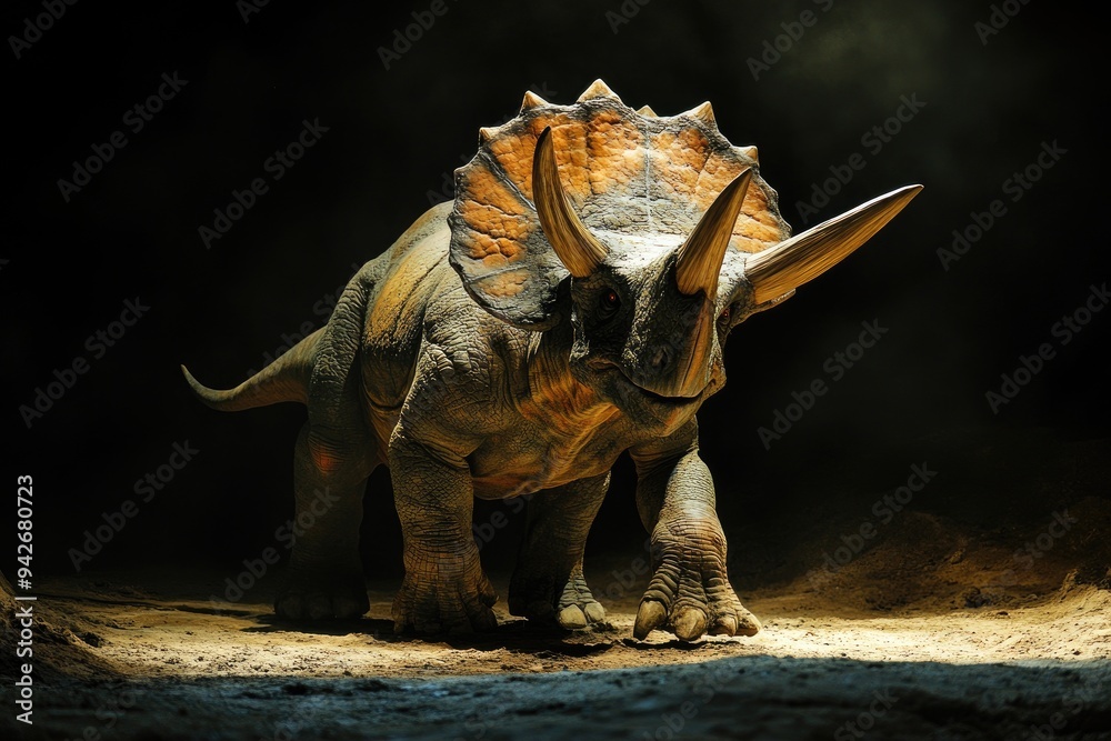 Fototapeta premium A Triceratops Dinosaur Stands In A Darkened Environment