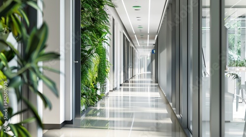 Fresh and inviting modern office corridor with open spaces  greenery  and deep depth of field  suitable for cover design with copy space.
