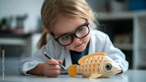 A child dressed as a marine scientist, studying the anatomy of a toy fish photo