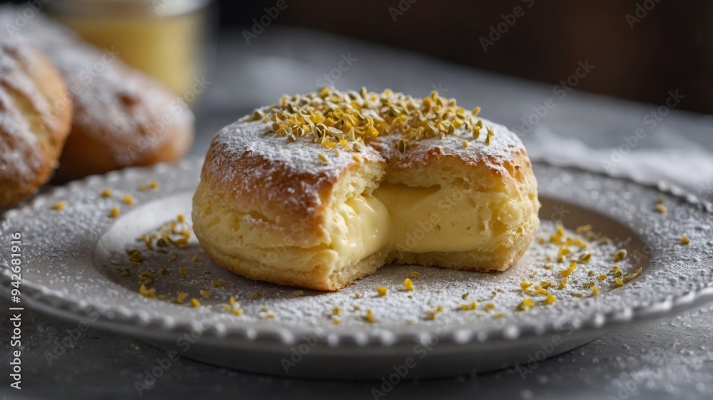 A delicate pastry filled using a creamy wild chamomile custard topped using a dusting of powdered sugar perfect for a special occasion dessert. A delicate pastry filled using a creamy wild chamomile custard topped using a dusting of powdered sugar perfect for a special occasion dessert.