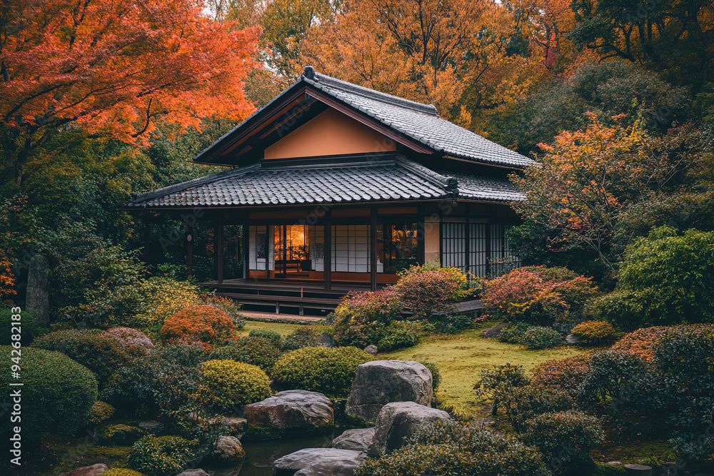 Traditional Japanese house surrounded by gardens Traditional Japanese house surrounded by gardens