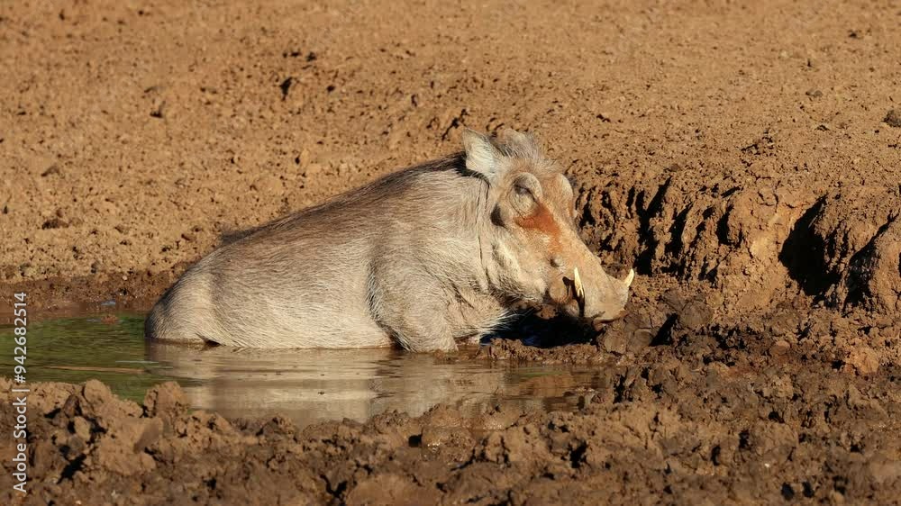 A warthog (Phacochoerus africanus) wallowing in a muddy waterhole, Mokala National Park, South Africa A warthog (Phacochoerus africanus) wallowing in a muddy waterhole, Mokala National Park, South Africa